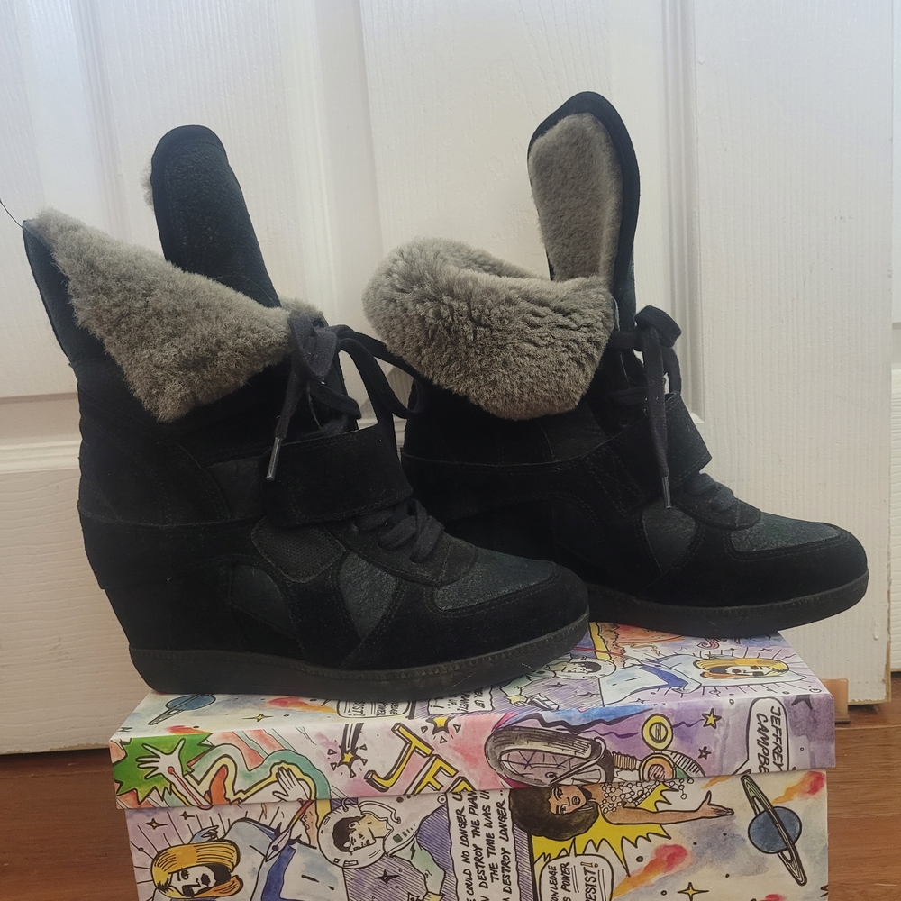 Ash Black Shearling Wedge Boots - Picture 4 of 12